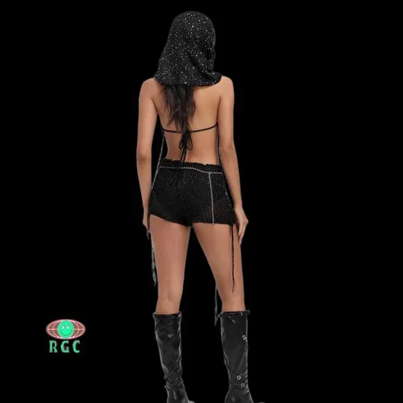 Hooded Boho Sequin Mesh Asymmetrical Matching Black Set Shorts Festival Rave NWT - Picture 2 of 5